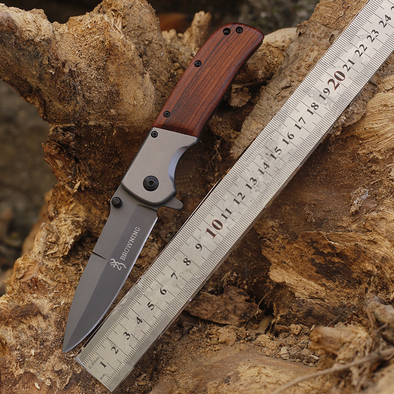 红檀木柄镀钛刃高硬度不锈钢野营战术折叠刀随身防身携带户外刀具
