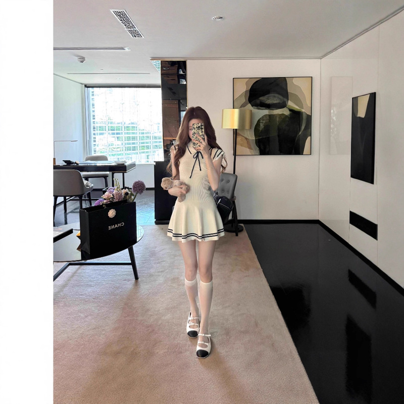 Pure Desire Style Lapel Short Knitted Dress Summer Women's Fashion Waist-Cinching Petite Elegant Flutter Sleeve A-Line Dress