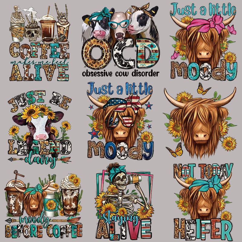 跨境新款卡通字母牛头胶印烫画贴 衣服logo热转印烫图 耐水洗烫印