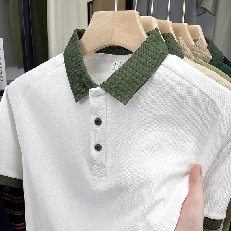 Summer Fashion Young Men's Slim-Fit Polo Shirt 2026 New Men's T-Shirt Short-Sleeve Turn-Down Collar Solid Color Patchwork T-Shirt