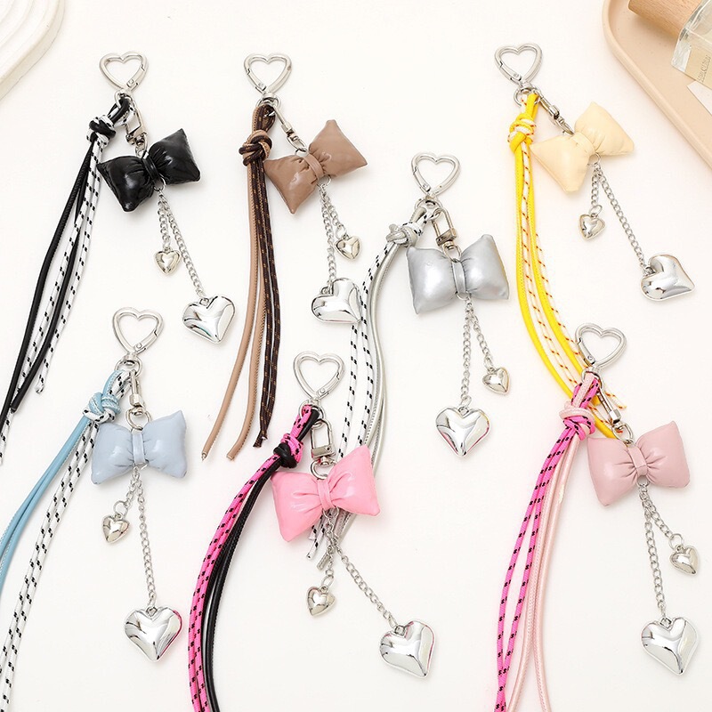 Ins New Leather Bow Heart Pendant Luggage Keychain Hanging Chain Accessories Single Buckle Tassel Pendant Accessories