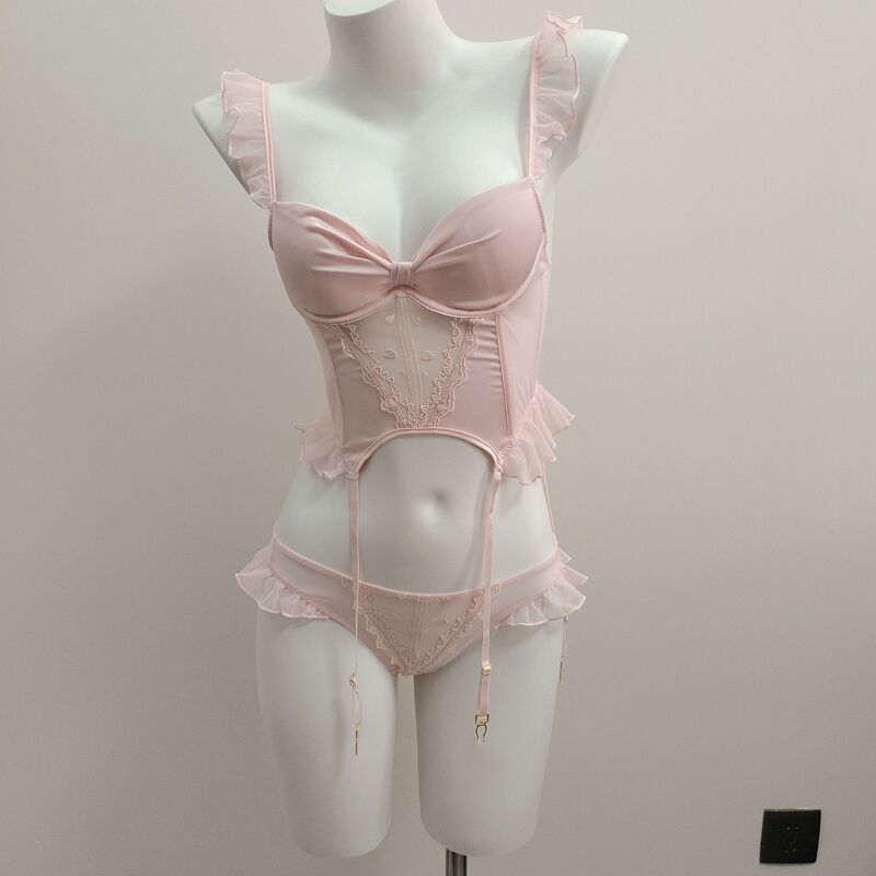 French Style Curled Fishbone Love Embroidery Stitching Mesh Perspective Gather Underwear Women's Pure Desire Sling Transparent Home Clothes