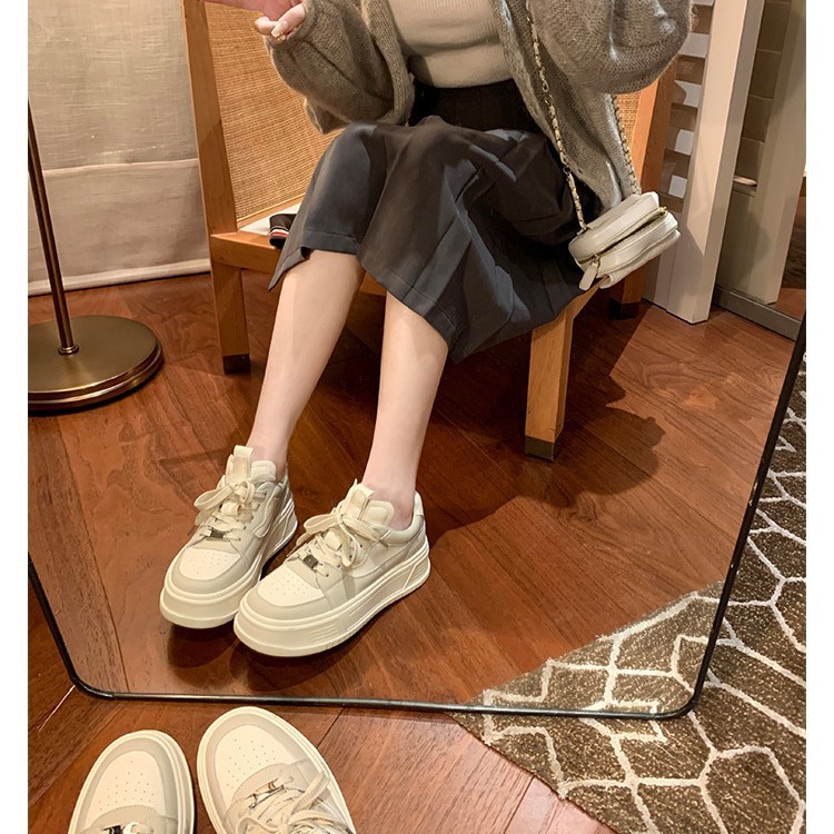 牛皮~真皮小白鞋女圆头拼色松糕厚底增高休闲运动鞋百搭系带板鞋|undefined