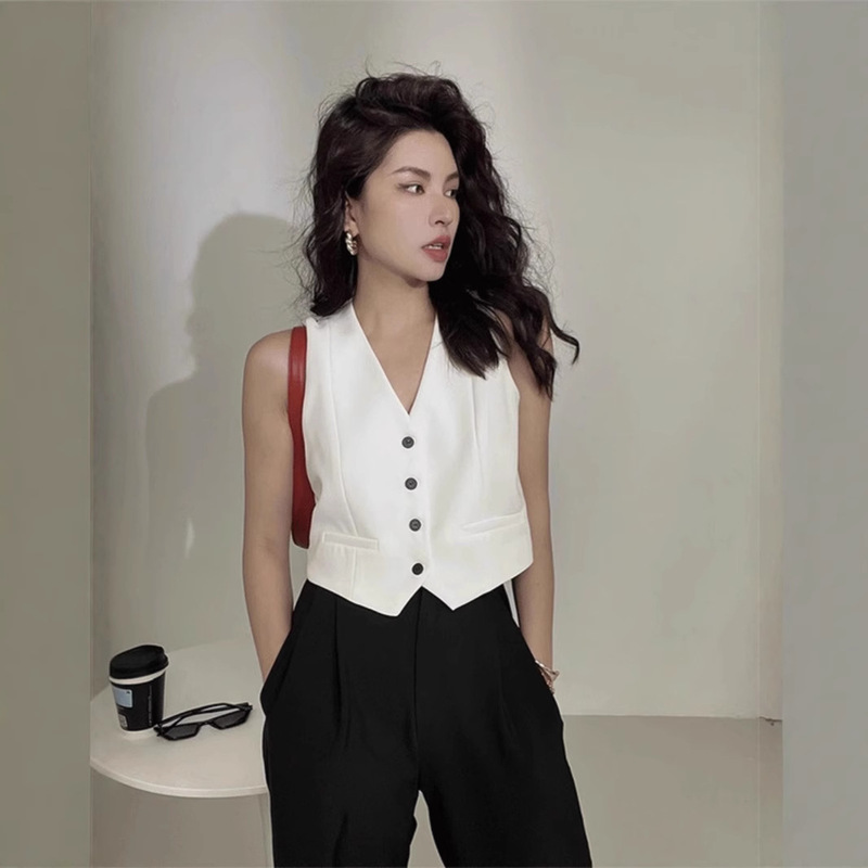 Chanel-Style French Top, Thin Sleeveless Vest, Petite V-Neck Blazer, Casual Suit Jacket for Women, Summer Chanel-Style French Top, Thin Sleeveless Vest, Petite V-Neck Blazer, Casual Suit Jacket for Women, Summer