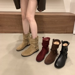 复古小众红色中筒马丁靴女靴子2025新款秋季单靴西部时装堆堆短靴