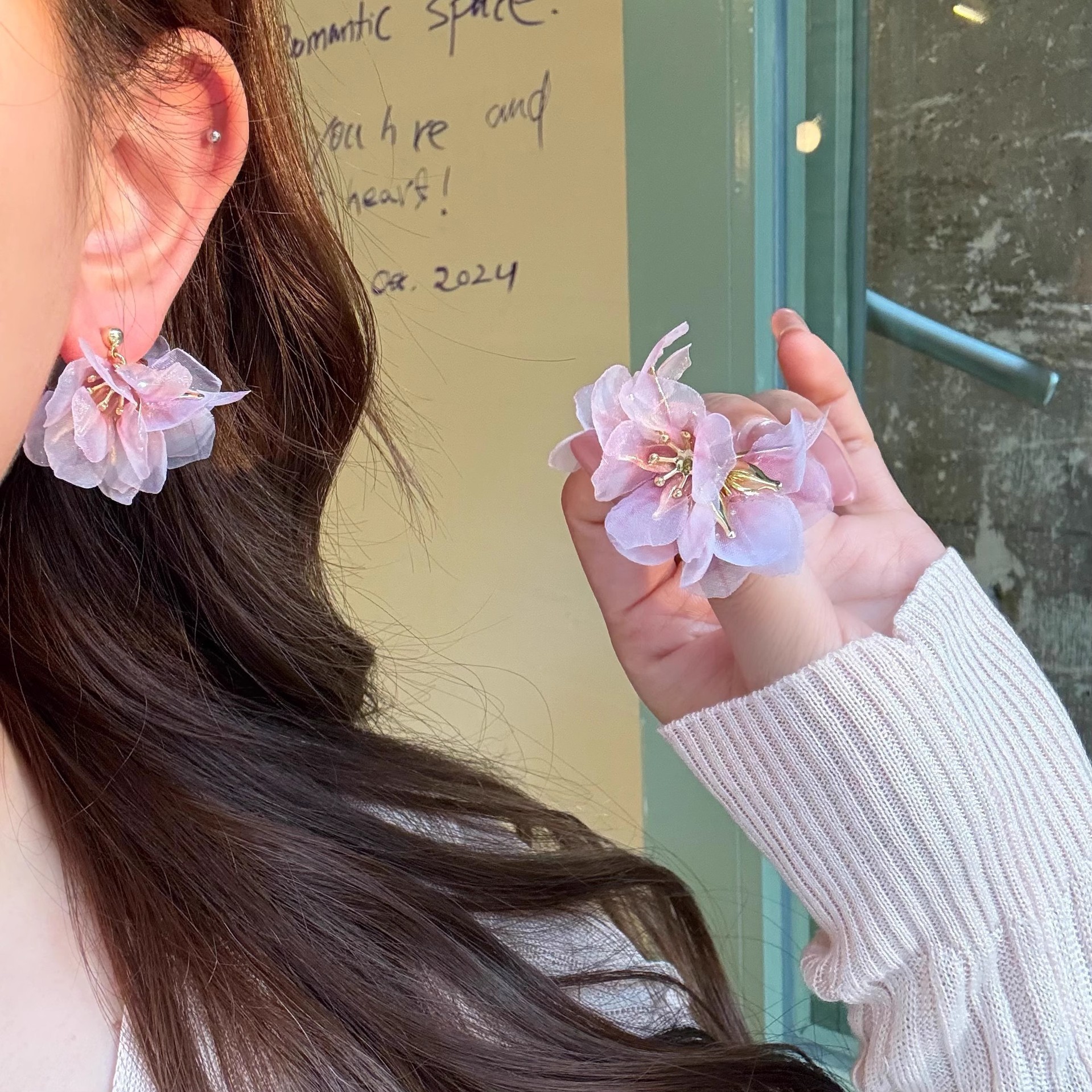 Pink flower earrings