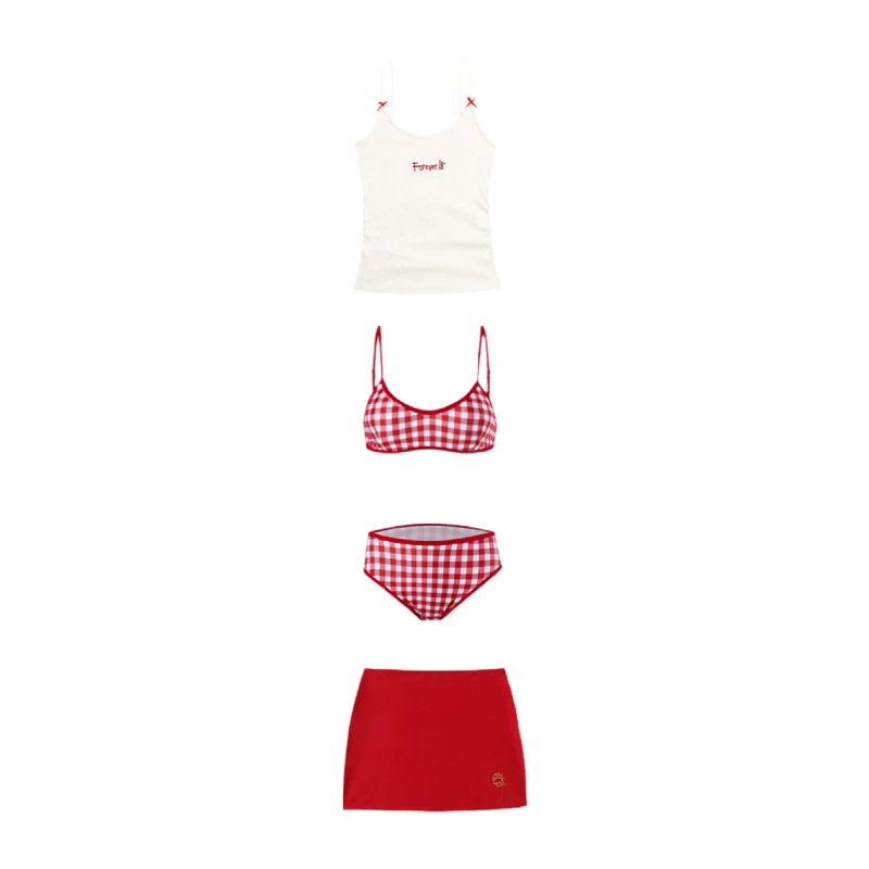 Split Swimwear, Cute Red Gingham Bikini with Skirt, Lifting Effect