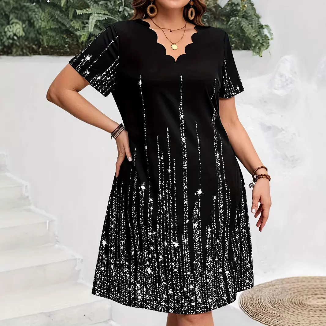 跨境欧美连衣裙夏女大码短袖印花V领新款宽松休闲高级感女装裙子