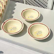 ins风奶油色高级可爱猫咪陶瓷盘大口径宠物猫狗零食罐头盘