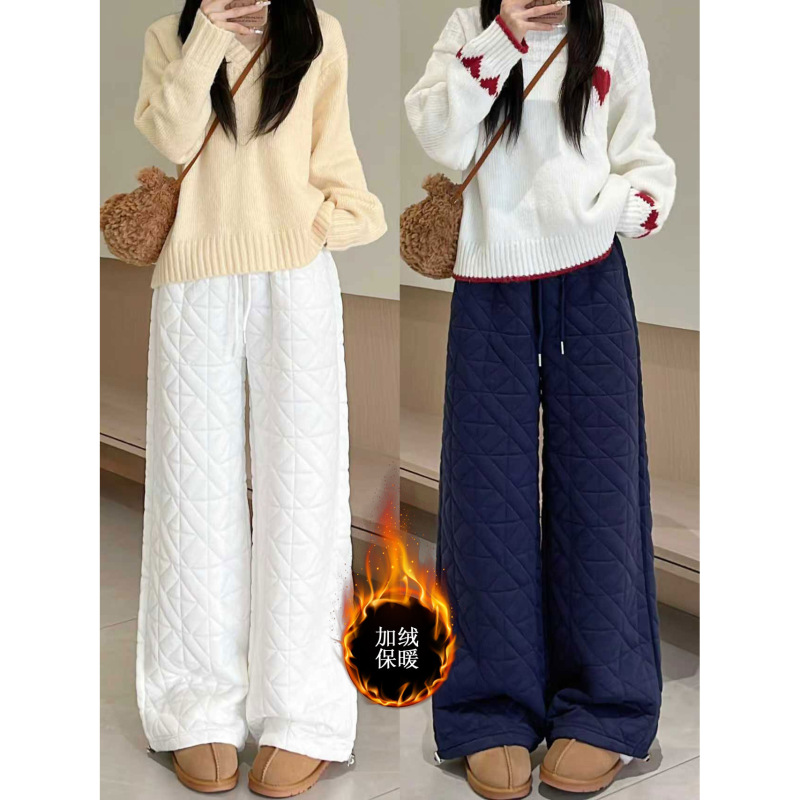 Fleece-Lined Thick Quilted Wide-Leg Pants for Women 2025 Autumn and Winter New Loose Warm Cuffed Casual Long Pants