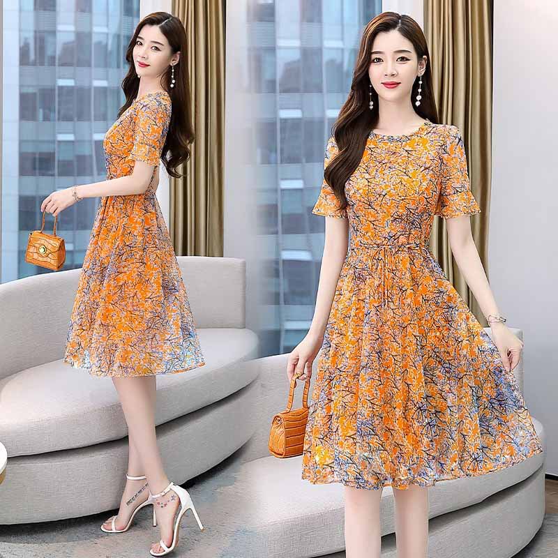 2022 New Spring and Summer Round Neck Mid-length Printed Short-sleeved Printed Dress Women's Trendy