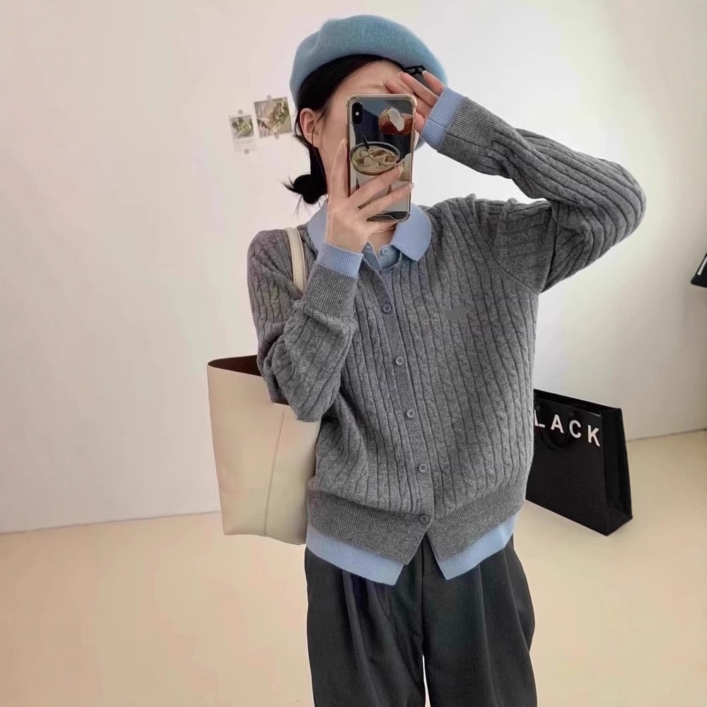 灰色polo领麻花毛衣开衫女秋冬小个子内搭打底衫假两件针织衫上衣