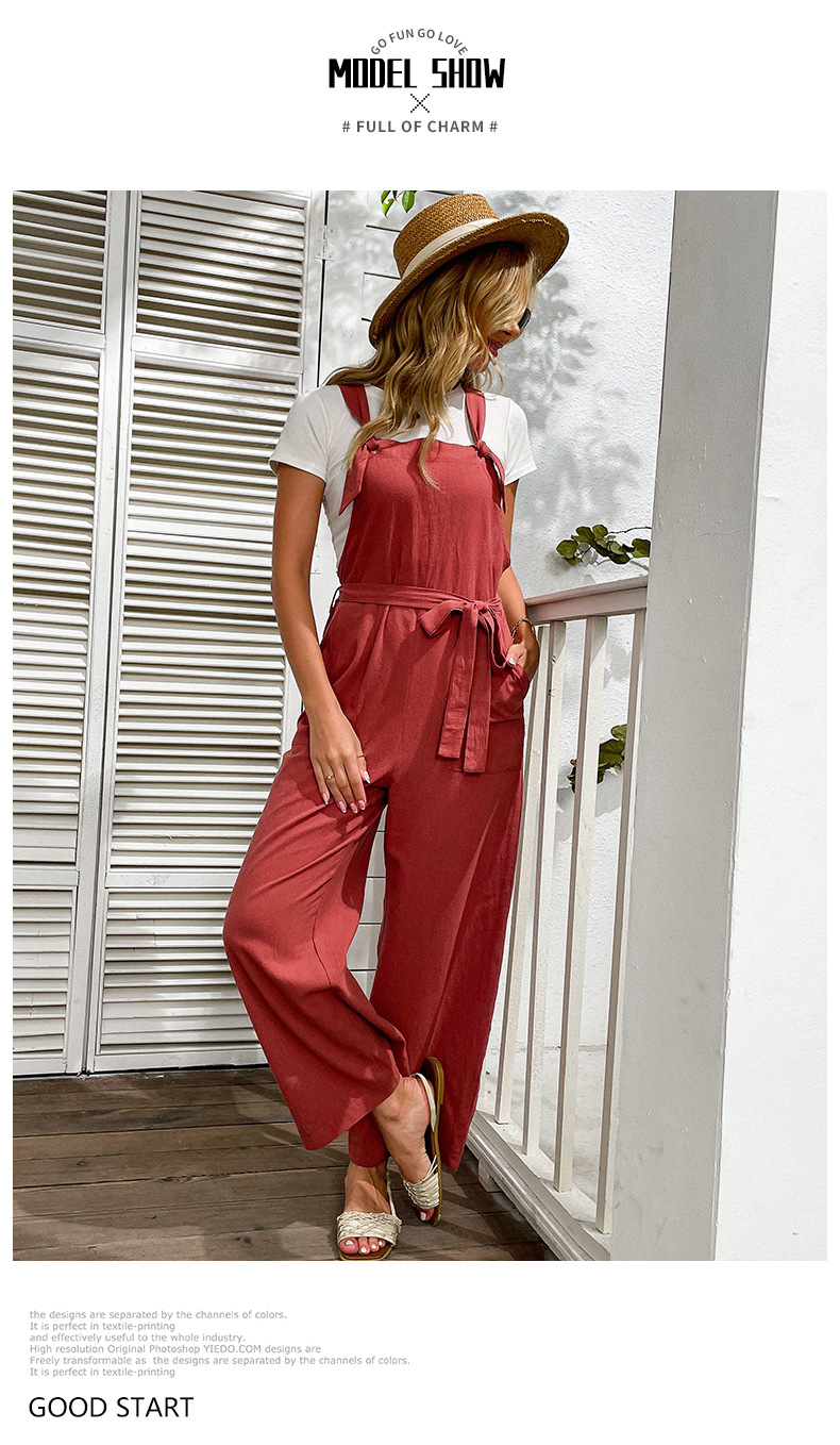 Red Retro Wide-leg High-waisted Slim Cotton and Linen Overalls_voghion.com