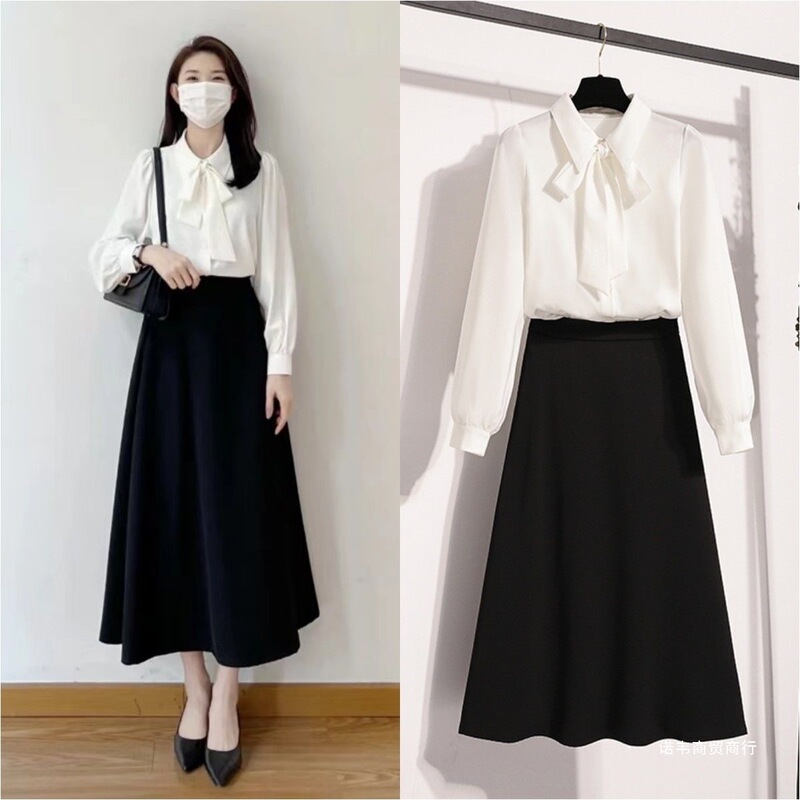 White Bow Tie Shirt for Women, Long Sleeve, Spring and Autumn, Suitable for College Students, Civil Servants, Teaching Professionals, Formal Attire, Interview Suit, Skirt