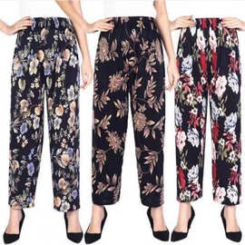 妈妈冰丝裤夏季女士花裤子新款裤宽松大码松紧腰休闲九分裤打底裤