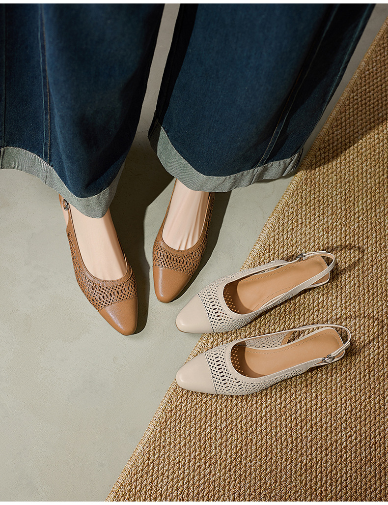 Sandal nữ phong cách vintage mũi kín hở gót đế bệt — Màu caramel chi tiết 1