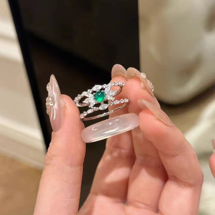 新款超仙微鑲鋯石雙排仿玉髓戒指女輕奢小眾設計氣質百搭高級指環