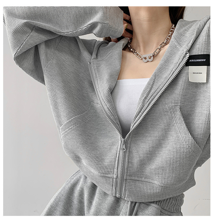 Waffle long-sleeved sports jacket for women early autumn new high street Korean style ins loose all-match slimming hooded sweater