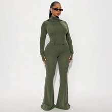 Q25ST339欧美女装秋季新款纯色休闲修身高领连帽长袖上衣长裤套装