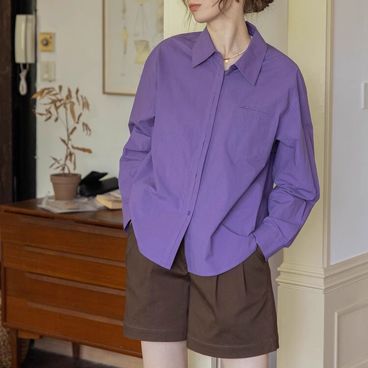 Dailyart French Long Sleeve Shirt Multicolor Pure Cotton Solid Color Commuter All-Match Design Loose Top