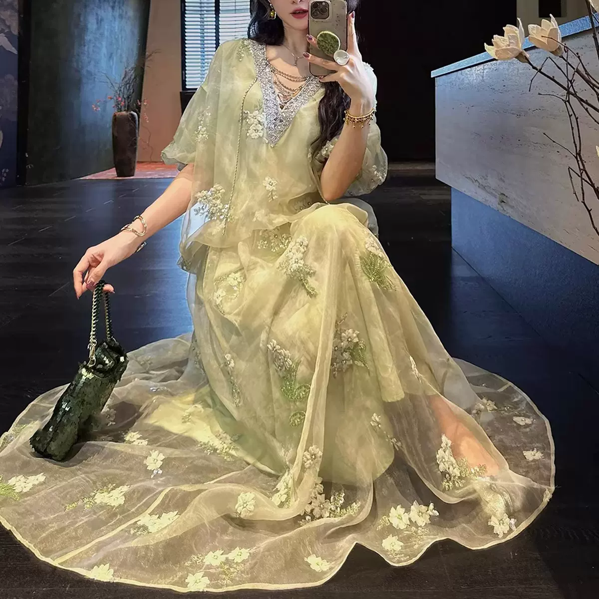 【夏萤】新中式珠绣织金2026巨好看连衣裙子女重工国风网纱长裙夏