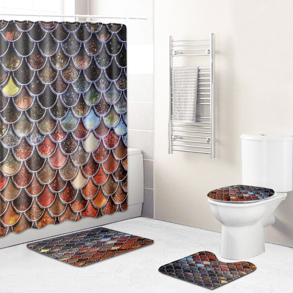 个性鱼鳞鱼纹家居地垫地毯浴帘卫生间四件套亚马逊货源一件代发