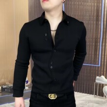 欧洲站男士发型师长袖休闲衬衫春秋季夜场个性韩版修身百搭衬衣潮