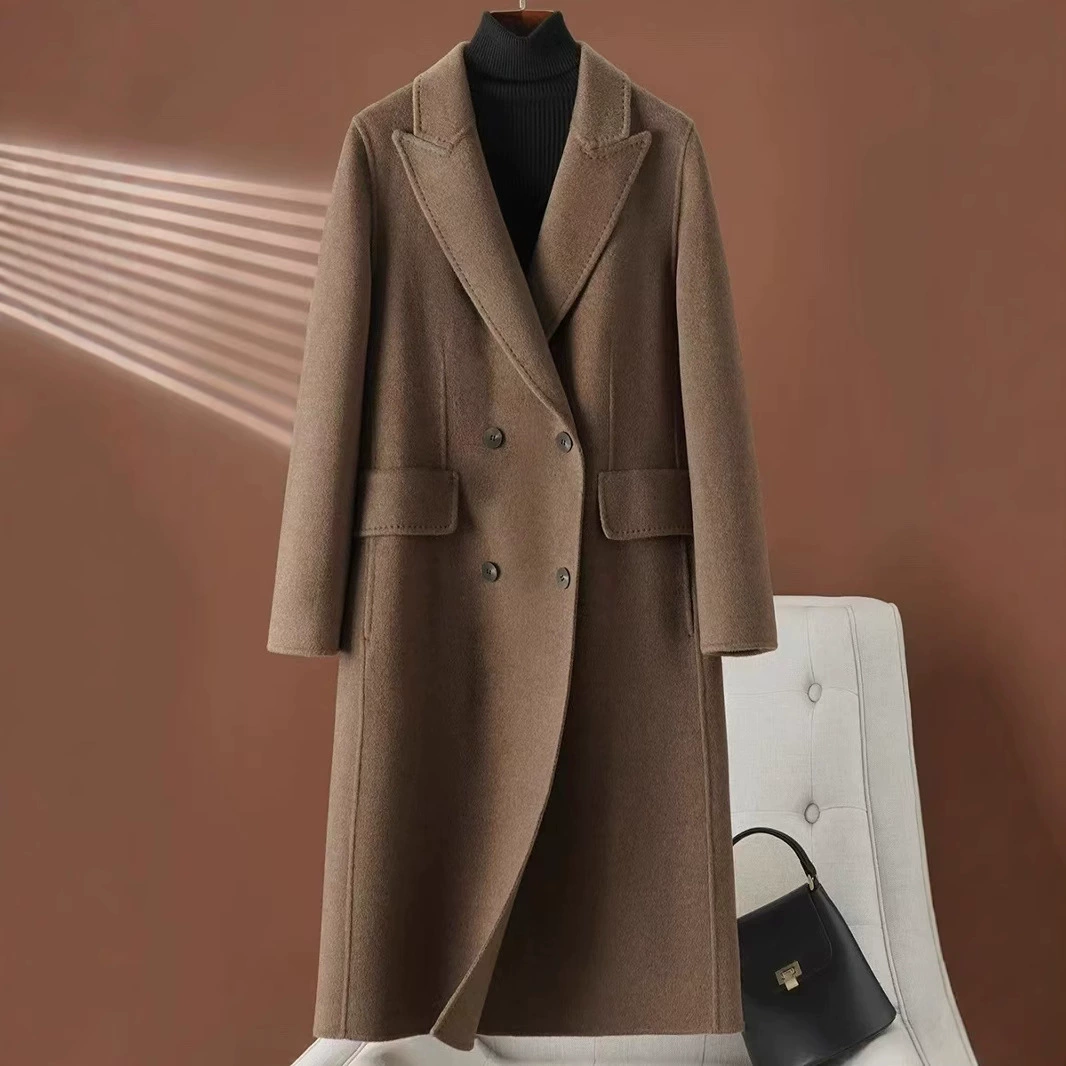Классическое двубортное длинное кашемировое норковое пальто тонкое плечо куртка пригородного воротника 8655-1
