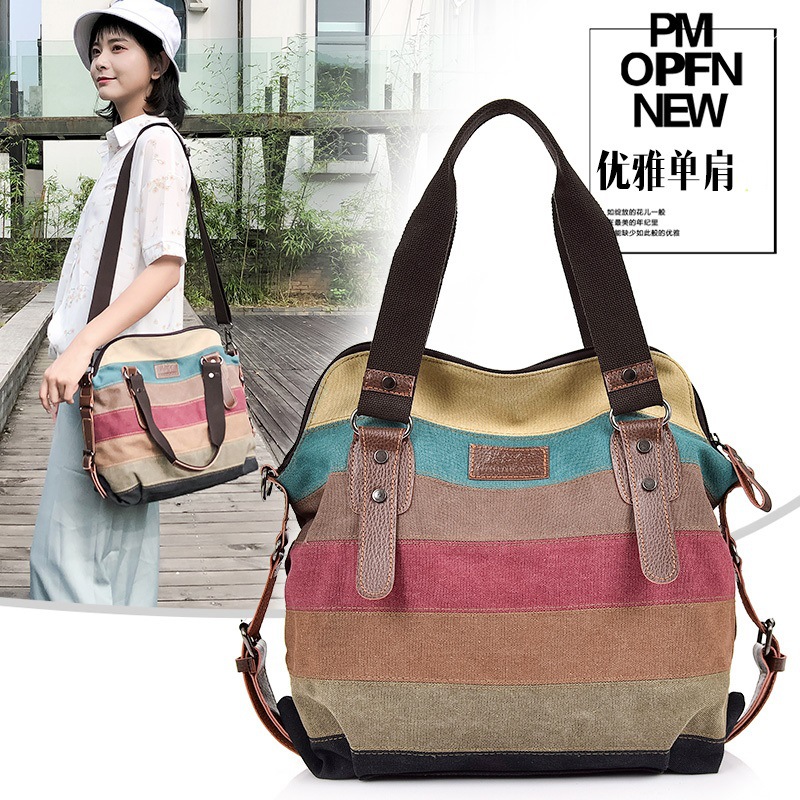 크로스보더 캔버스백 여성용 신상 숄더 크로스백 여성용 대용량 레인보우 패치워크 핸드백 통근 토트백