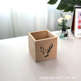 实木笔筒摆件方形小鹿图案桌面文具收纳整理盒镂空雕刻笔筒木盒