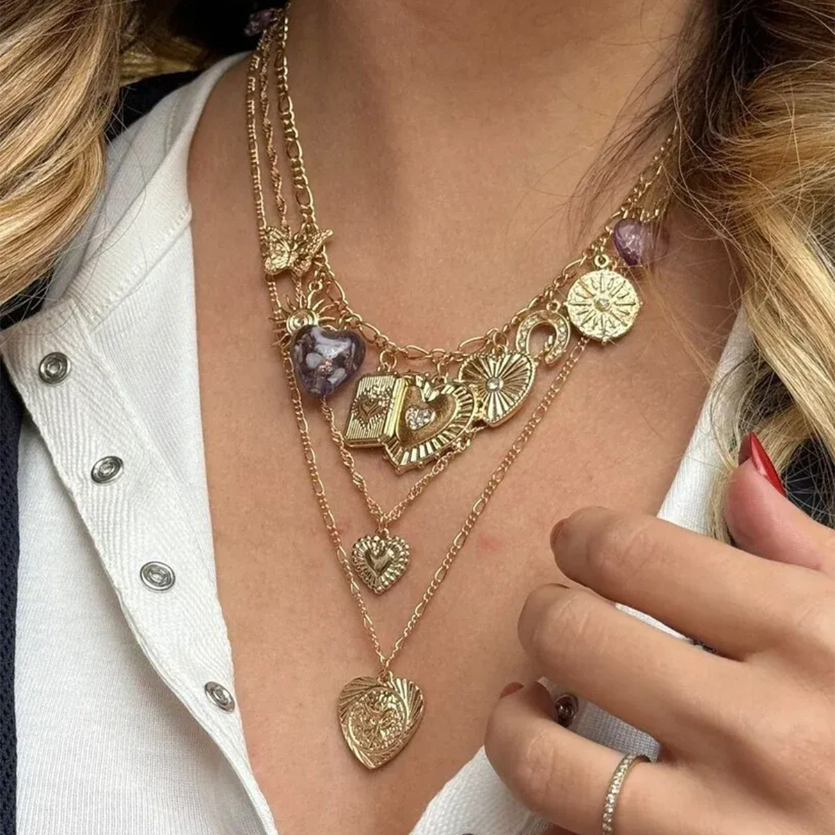 Punk Layered Heart Pendant Wholesale European and American Cross-Border Jewelry Retro Necklace Niche High-End Embossed Necklace for Women