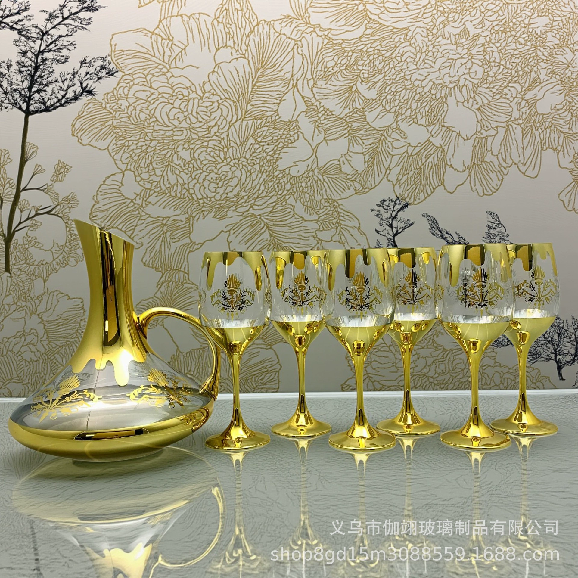 Набор для воды в стиле Ближнего Востока и Европы с золотой окантовкой: стеклянная бутылка, самодиспенсер для холодных напитков, винный диспенсер, бокал для сока, кувшин для сока.