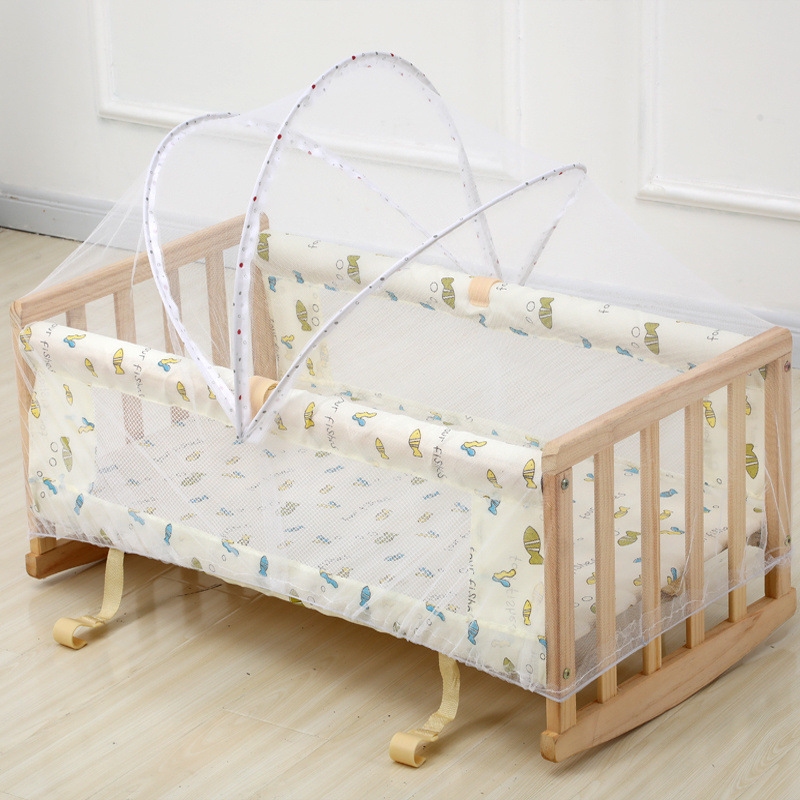 Solid Wood Crib Cradle Bed Bb Bed Baby Bed Small Cradle I-Shaped Cradle with Mosquito Net Parallel Rocking Children's Single Bed