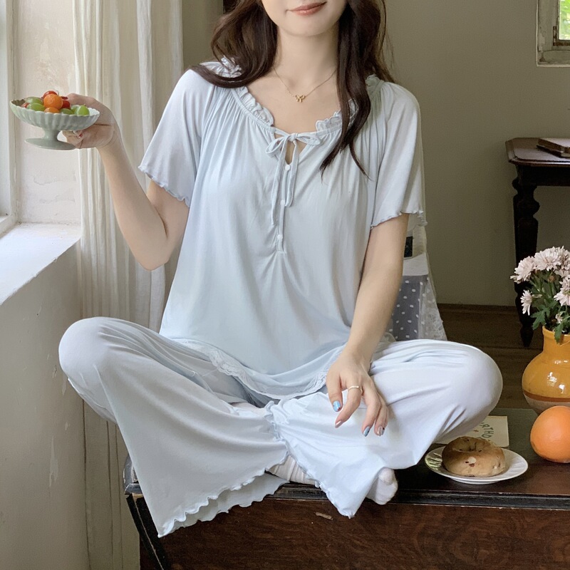 [in Stock 6616] High-Quality Eco-Friendly Ribbon Chest Pad Short Long Pants Nursing Pajamas Postpartum Maternity Homewear