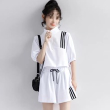 夏季韩版polo领上衣+阔腿短裤休闲小个子女跑步套装两件套时尚ins