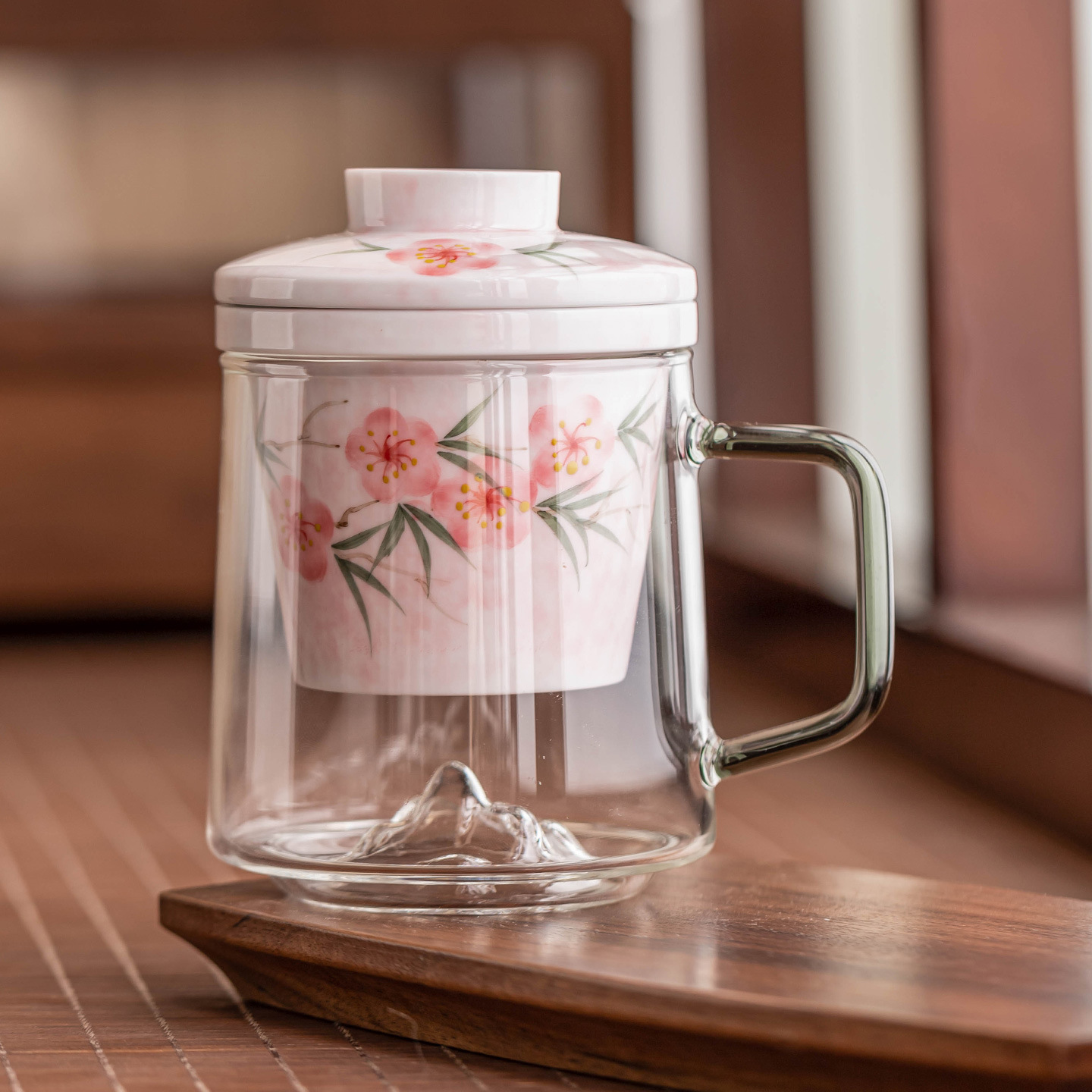 手绘桃花马克杯带盖桃粉阅山玻璃泡茶杯办公室茶水分离杯喝水杯子