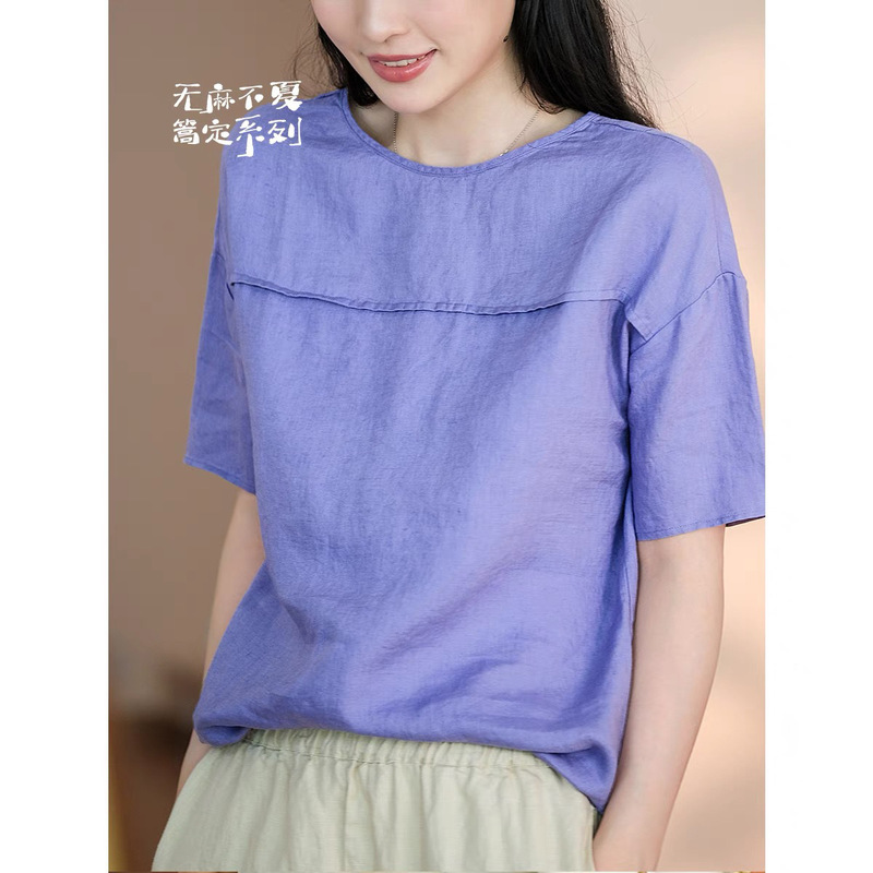 Japanese Commuter Simple Guest-style Chunchun Linen Round Neck Rullan Short-sleeved Back Retro Wooden Buckle Pullover Shirt Top for Women