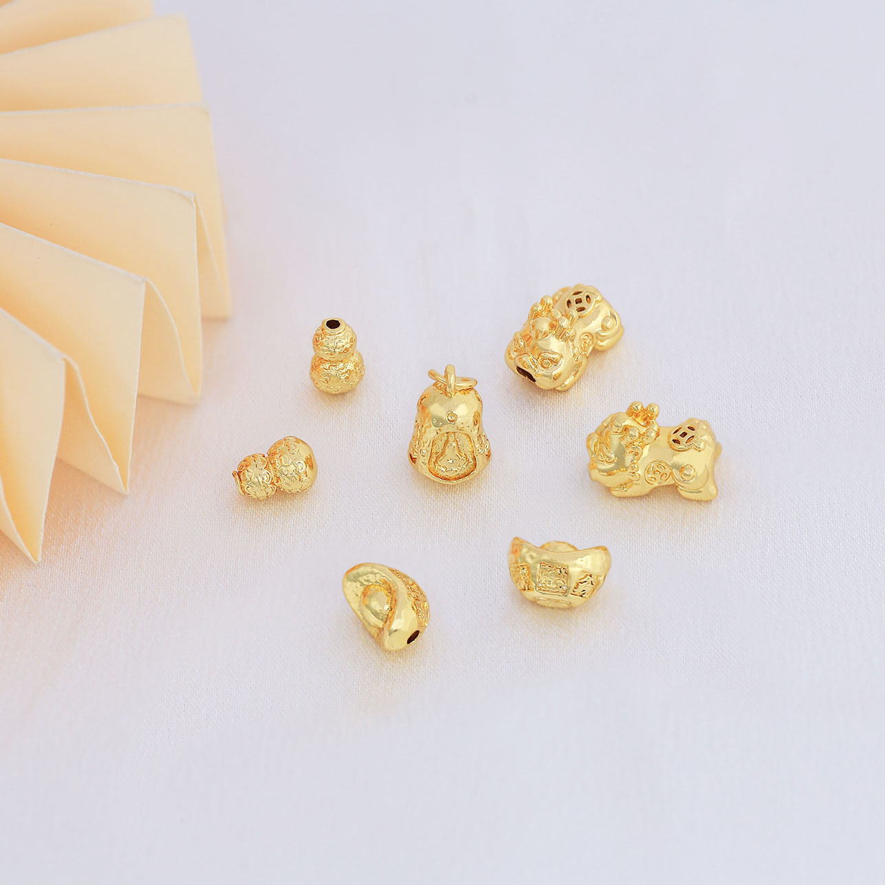 High Color-Retention Pixiu Gourd Gold Ingot Spacer Beads, Faceless Buddha Pendant, Real Gold Plated DIY Braided Rope Bracelet Accessories Wholesale