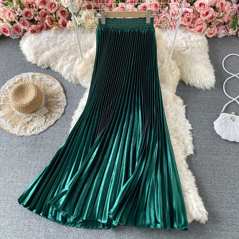 Amazon Aliexpress Hot-Selling 1m Long Skirt High-Waisted Pearlescent Satin Solid Color Flared A-Line Umbrella Pleated Skirt Amazon Aliexpress Hot-Selling 1m Long Skirt High-Waisted Pearlescent Satin Solid Color Flared A-Line Umbrella Pleated Skirt