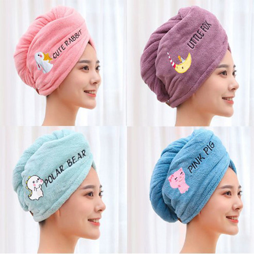Hair Dryer Hood for Women, Cartoon Design, Thick and Long, Strong Absorbency, Quick Drying, Cute, Non-Shedding, Double-layer Embroidery, Coral Fleece