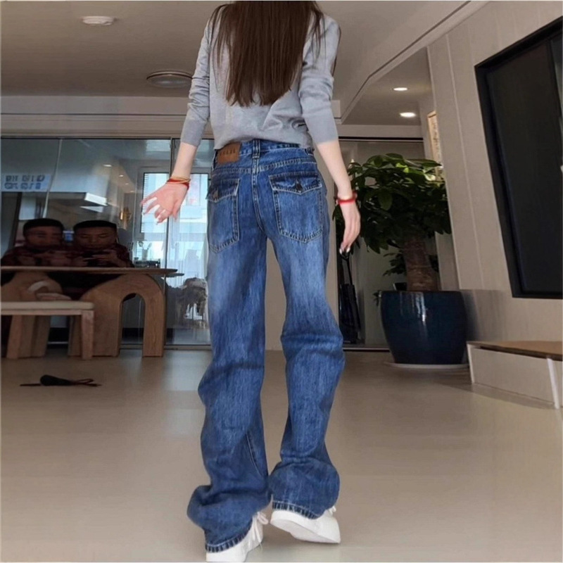 Vintage Blue Slim Straight-Leg Jeans for Women 2025 Autumn New Pear-Shaped Body Plus Size High-Waisted Floor-Length Wide-Leg Pants