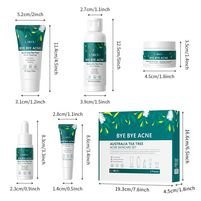 Средство по уходу за кожей (Laikou Bye Bye Acne), 5-шаговый набор с чайным деревом, очищающий тонер сыворотка крем