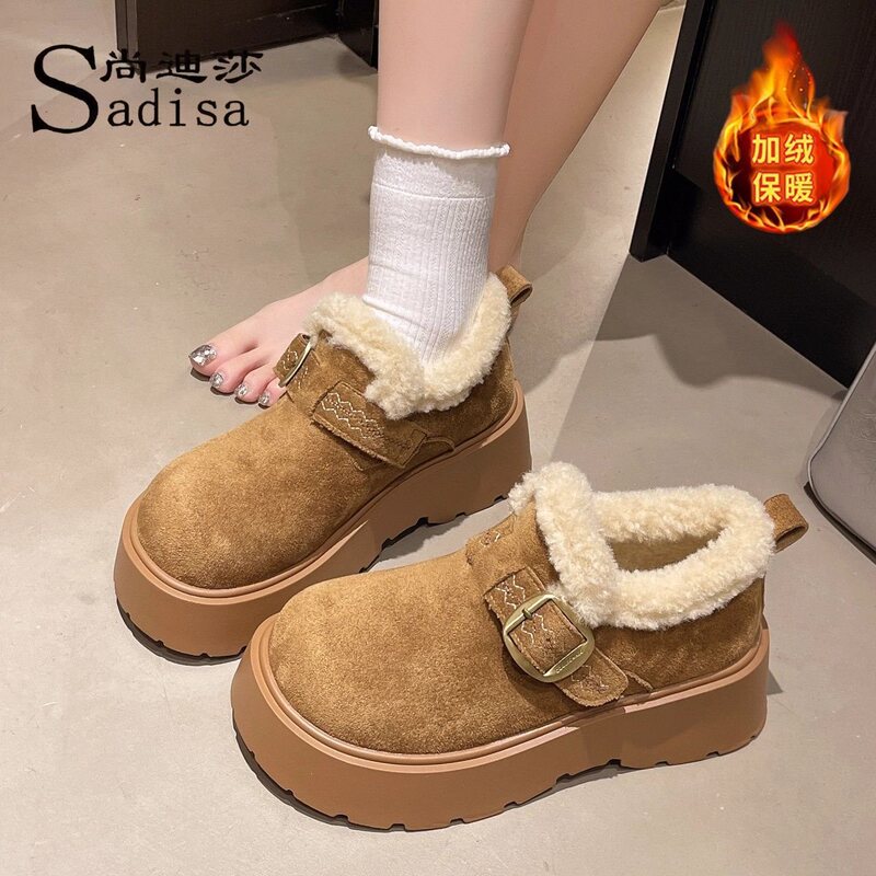 Thick-soled, height-increasing, fleece-lined, and fully enclosed Birkenstock-style shoes for women, 2025 new winter collection, featuring plush cotton lining and snow boot/loafers design