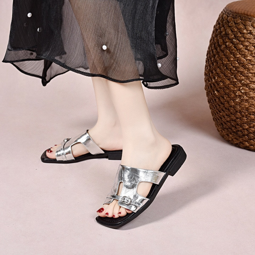Dép sandal nữ da thật đế bệt xỏ ngón mũi hở phong cách hè — đen chi tiết 5