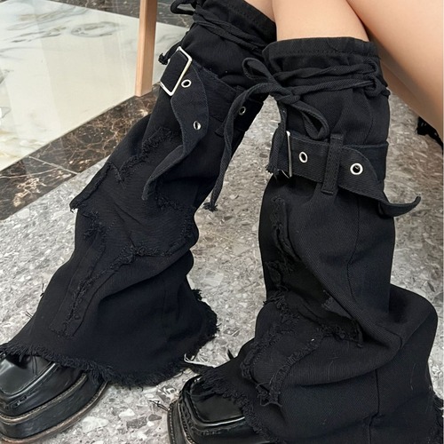 Y2K Hot Girl Black Denim Leg Covers Slim Flare Drawstring Pile Socks Cross Design Boot Covers Trendy Sock Covers