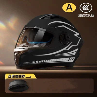 Motosiklet dəbilqələri for Men and Women, Winter - one-size-fits-all-class-a-3c-certification-double-mirror-matte-black-stripes
