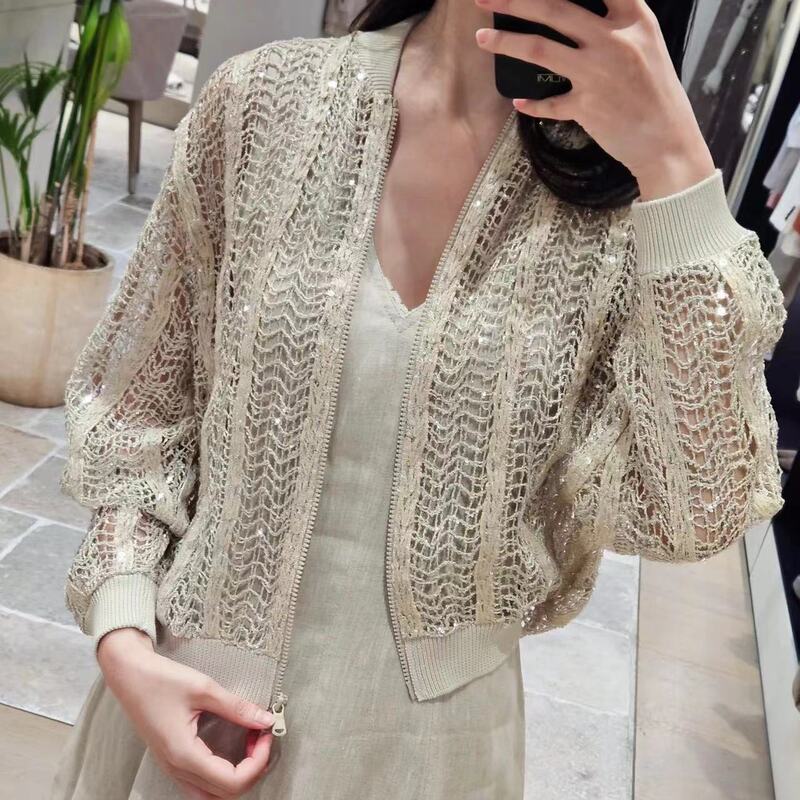 B*C 2025 Early Autumn New Sequin Mesh Hollow Zipper Knitted Cardigan Women's Fashion Loose Tops Top