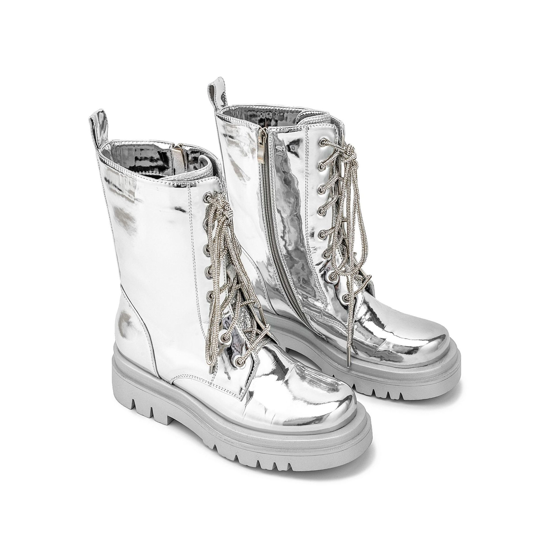 Silver patent leather medium chunky heel plus size platform booties punk boots_voghion.com