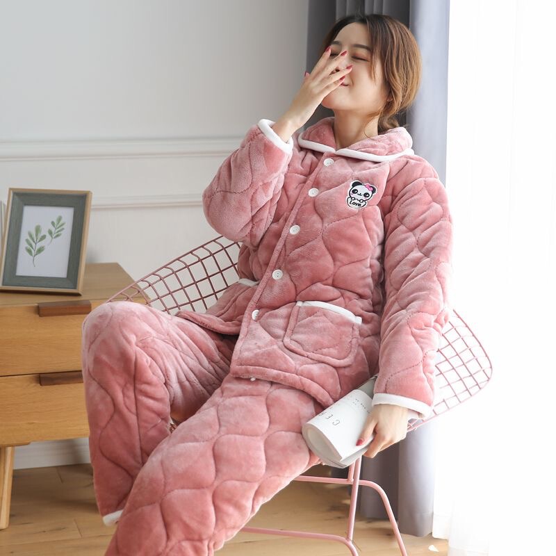 Pajamas for Women Winter Thickeneded Three-layer Quilted Flannel Fleece-lined Warm Large Size Can Be Worn Outside Cute Coral Velvet Home Clothes