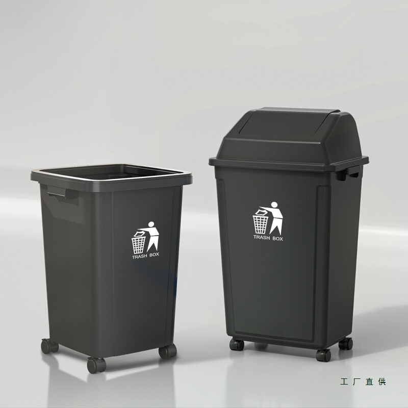 Outdoor Commercial Large Trash Can Gray Square Lidless Large Capacity Hotel Catering with Wheels Home Kitchen Large